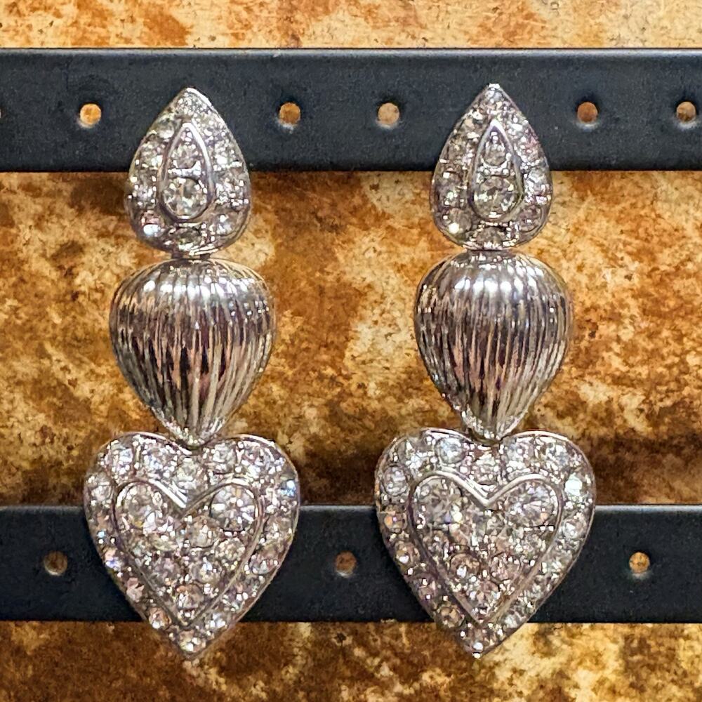 NWT Nolan Miller Heart Glamour Collection Earrings Silver w/ CZ Dangle/Drop